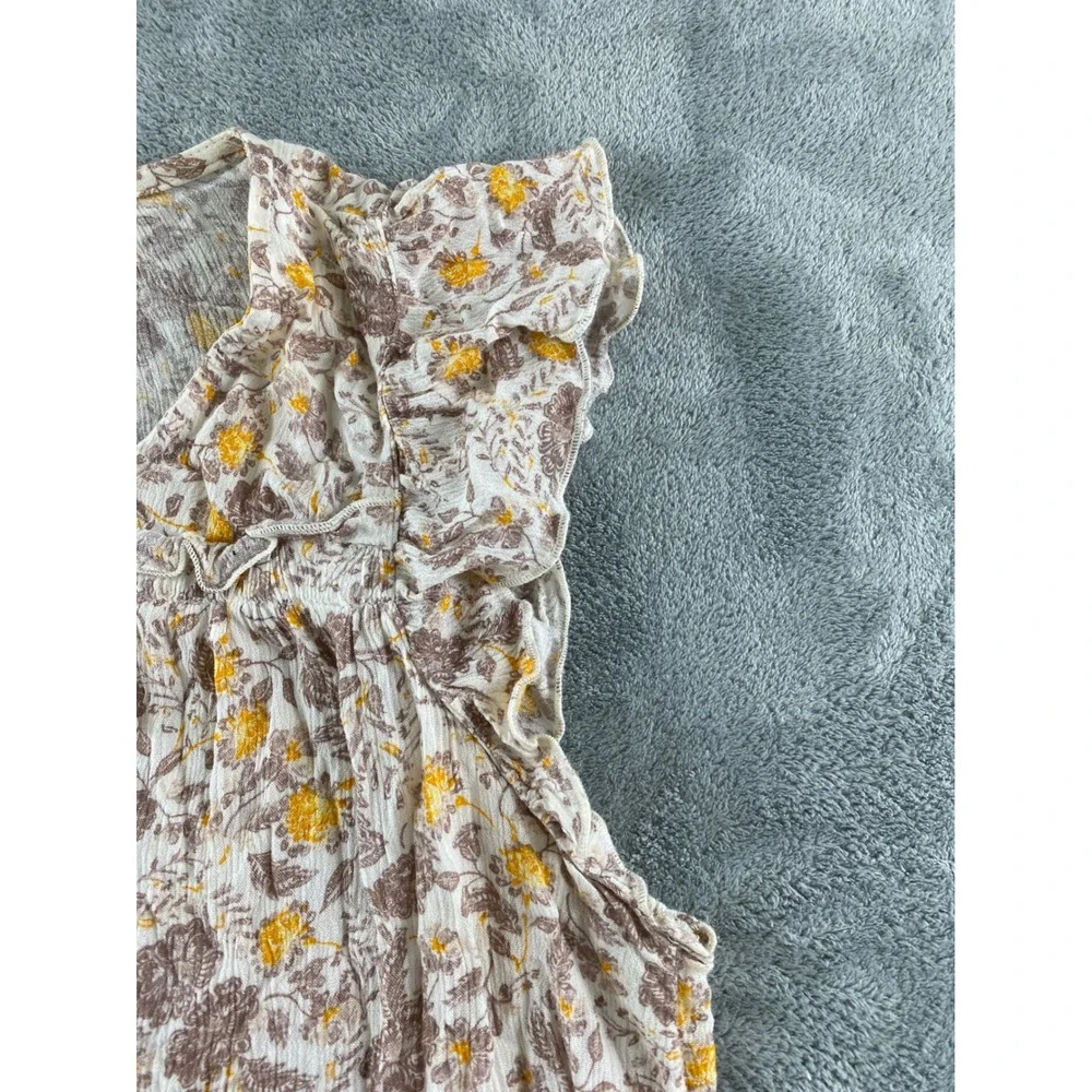 Old Navy Girls Large Floral Gauze Flutter Sleeve Tie Neck Boho Top‎ Cream Brown